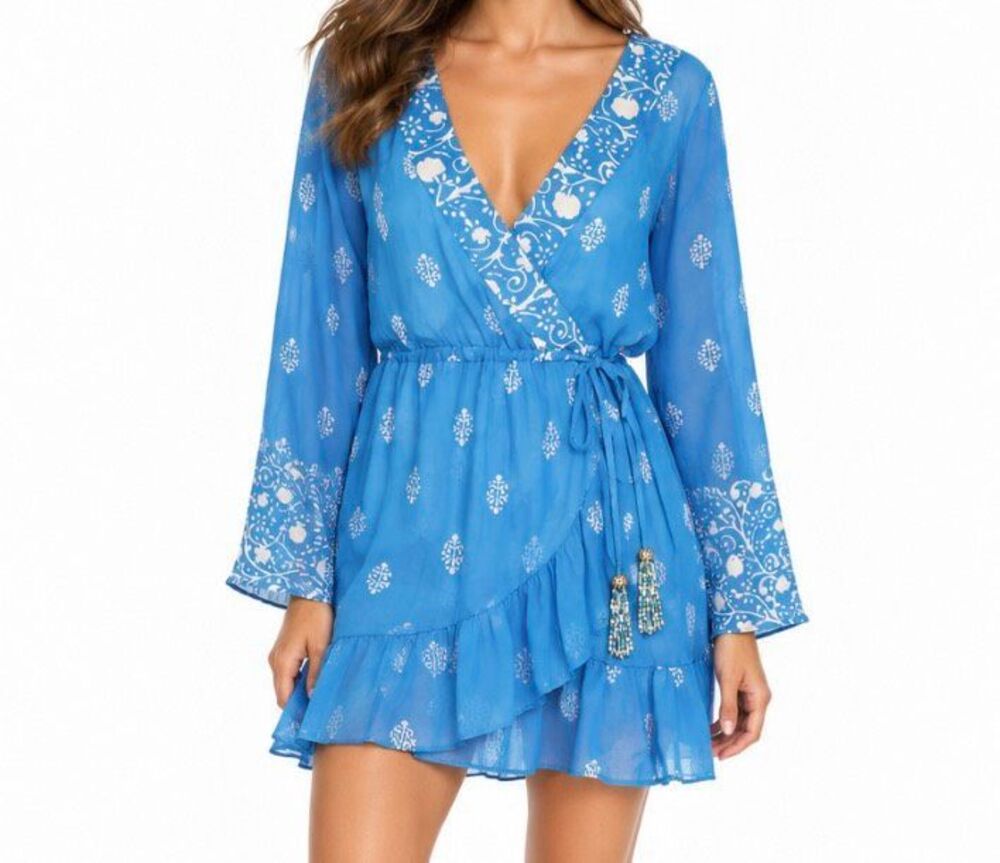 Blue Island Beach Blue Boho Wrap Mini Dress XS Beaded Tassels